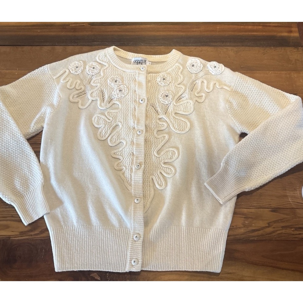 Vintage CERVELLE Large Sequin Embroidered Floral Sweater Lambswool Cream